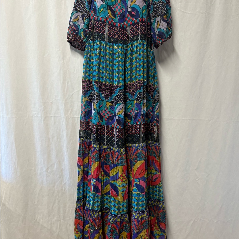 Anthropologie Resort Maxi Dress with Bishop Sleeves in Blue and Purple